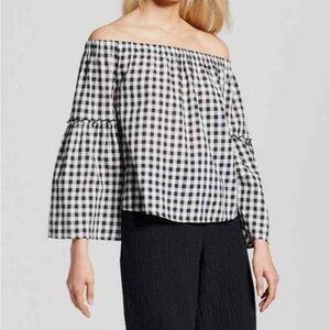 WhoWhatWear Women M Lightweight Cotton Gingham Check Bell Sleeve Blouse Top